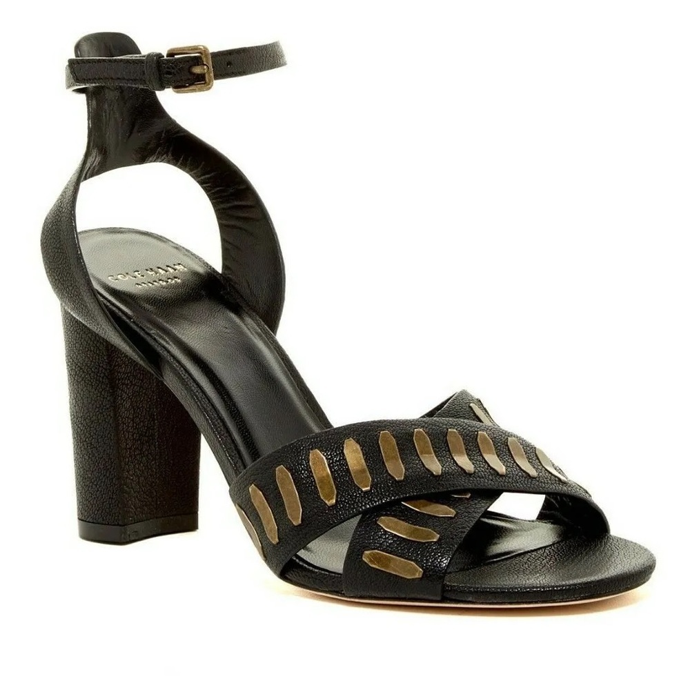 Cole Haan Grand.Os Carya Heeled High Strappy Sandal Black Gold
